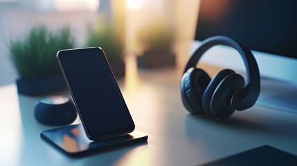 Smartphone and headphones on a desk with colorful neon lighting