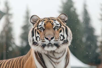 Fototapeta premium lone siberian tiger stands majestically in snowy russian forest surrounded by towering fir trees under pale winter
