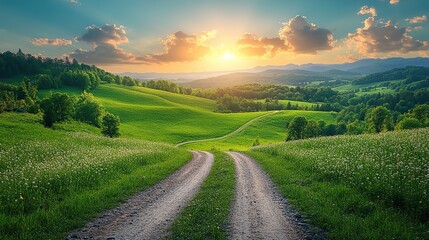 Obraz premium beautiful spring landscape with green meadow road and blue sky