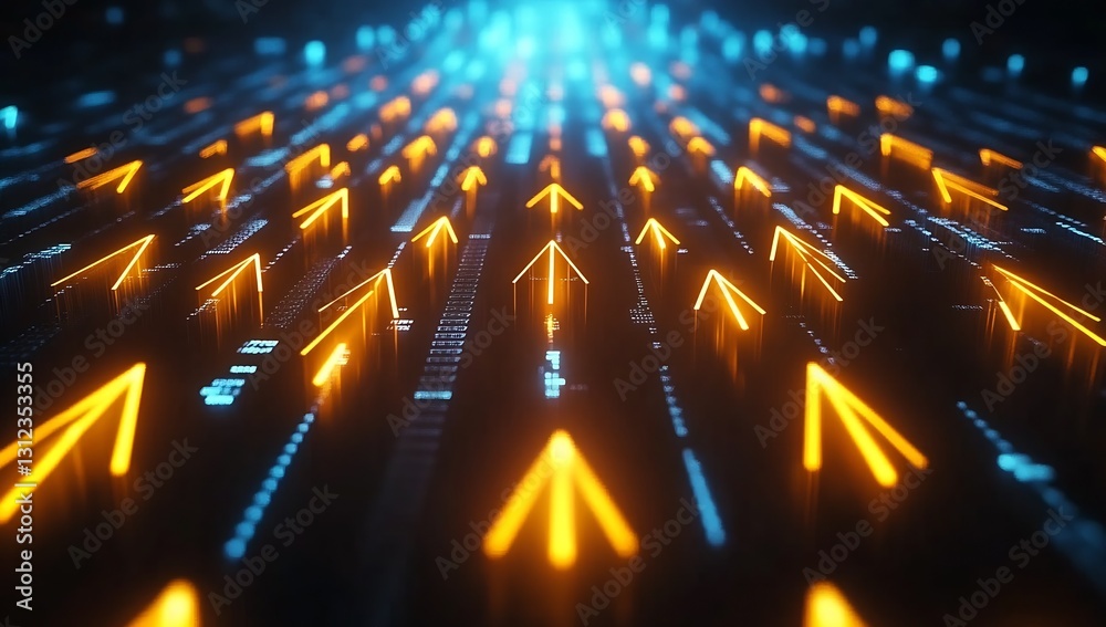 Poster intriguing digital background with blue and orange arrows suggesting market momentum and positive tr
