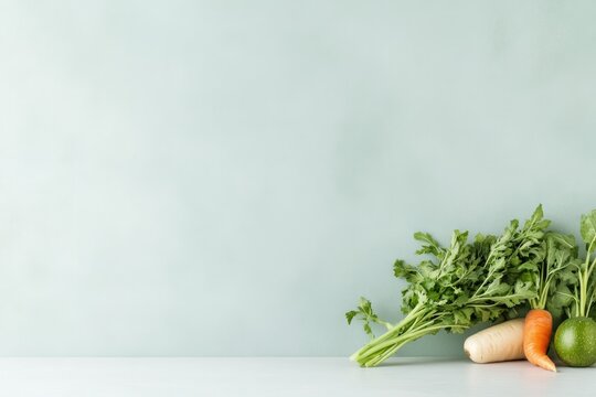 minimalist assortment of vibrant fresh vegetables and fruits artfully arranged on clean white surface symbolizing vibrant