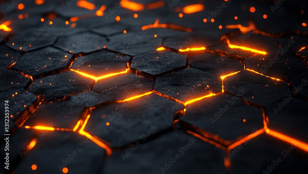 Aufkleber close-up of cracked dark surface tiles glowing with orange light to create a modern tech ambiance : 
