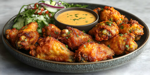 Fototapeta premium Crispy chicken wings, salad, dip