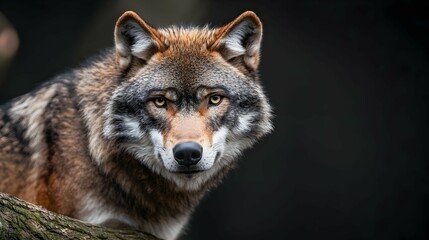 Brown Wolf Portrait in Dark Forest