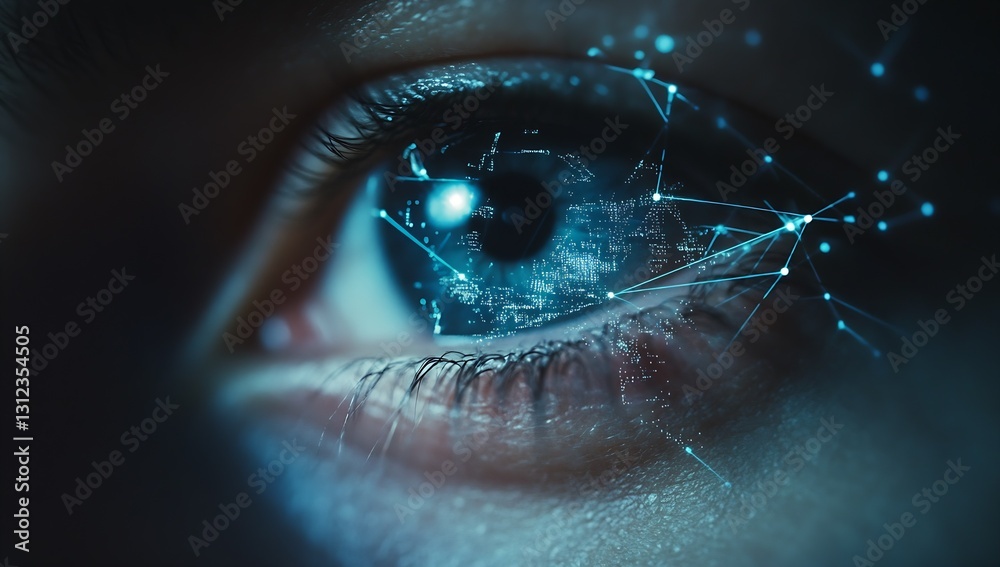 Aufkleber Close-up of a human eye projecting a digital network map showcasing data and global connections : Generative AI