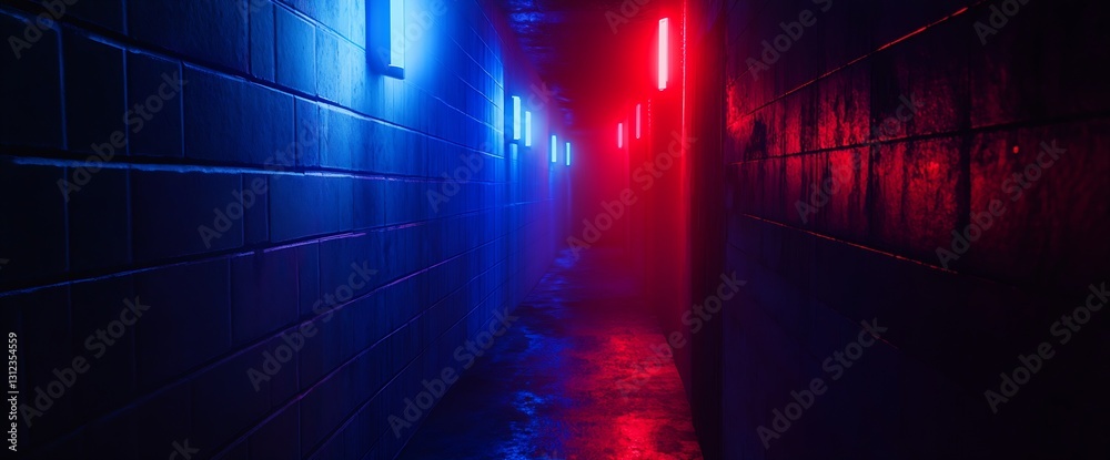 Poster Dimly lit corridor with contrasting neon lights creating an eerie atmosphere in urban setting : Generative AI