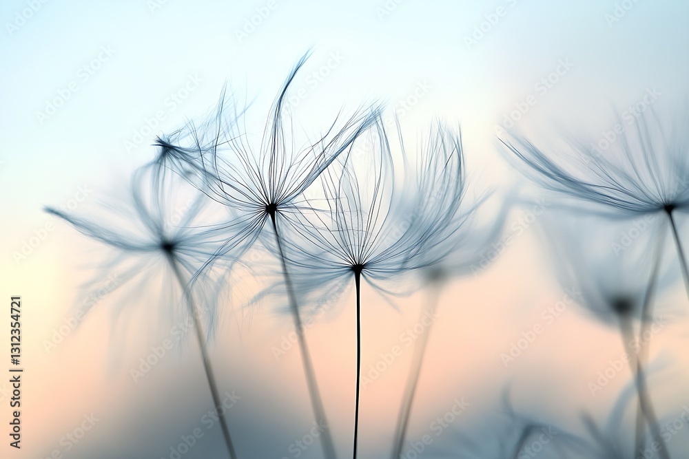 Aufkleber Beautiful abstract representation of dandelion seeds in soft hues creating an enchanting atmosphere of calmness : Generative AI