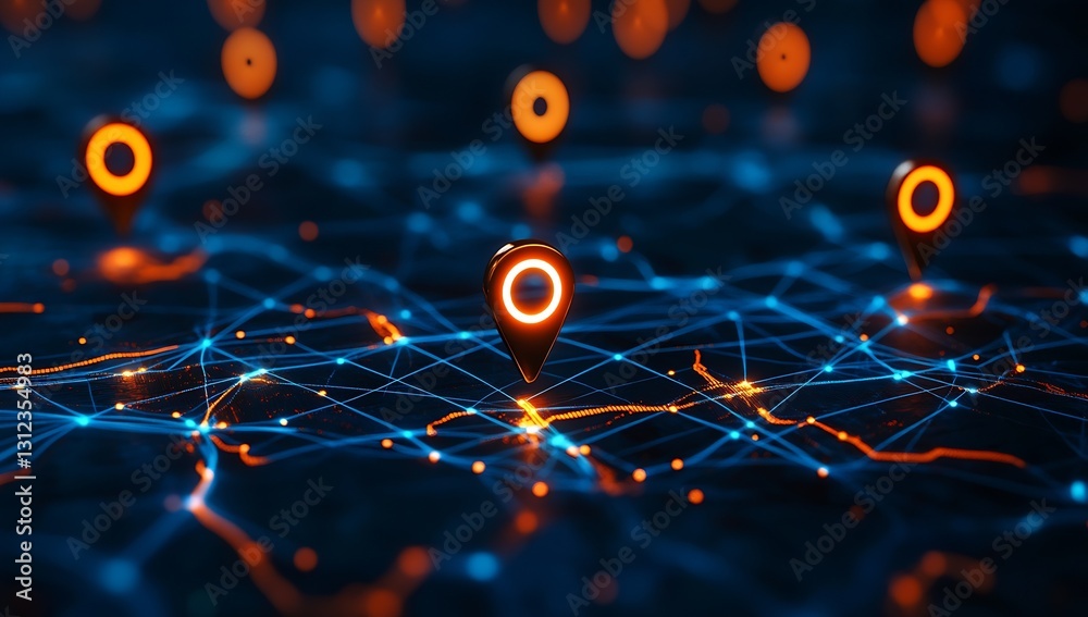 Leinwandbilder High tech mapping location pointers illuminated in vibrant neon blue and orange colors : Generative AI