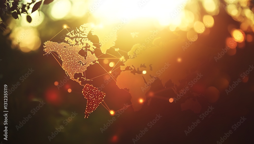 Poster Enchanting world map illuminated by warm light showcasing the intersection of nature and technology : Generative AI