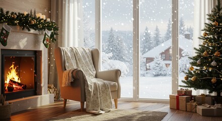 Cozy Christmas Living Room with Fireplace, Snowfall, and Christmas Tree