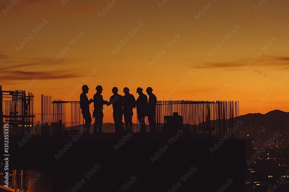 Poster group of construction workers silhouetted against a sunset while discussing project details atop a b