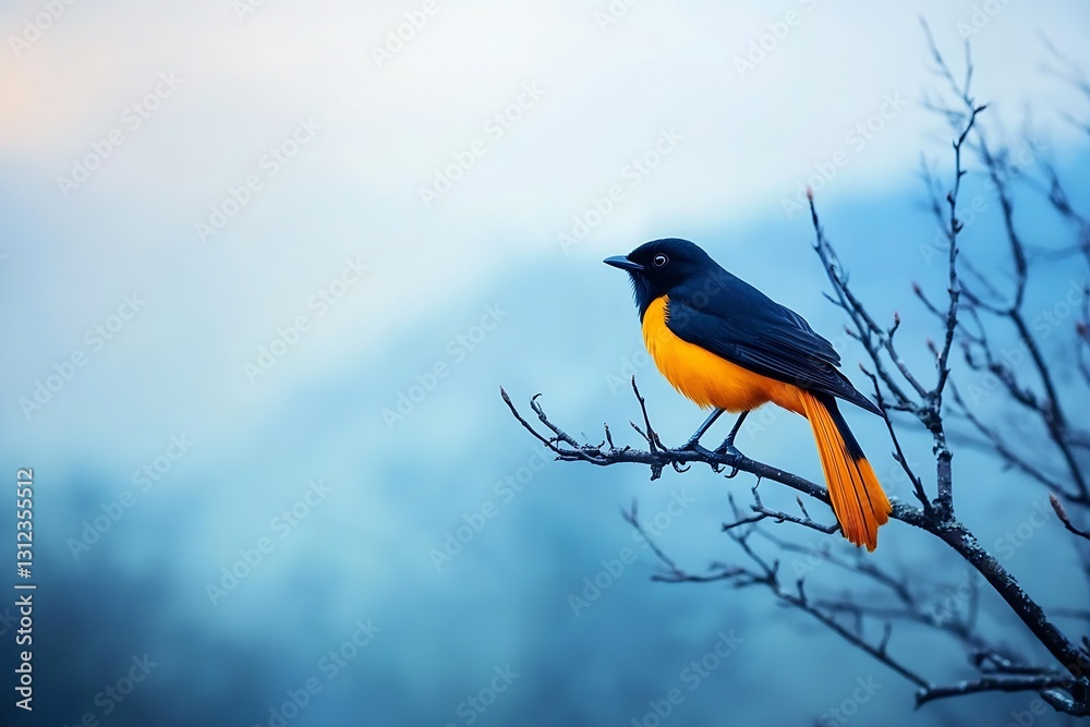 Poster colorful orange and black bird sitting on a branch with soft focused misty landscape background : ge