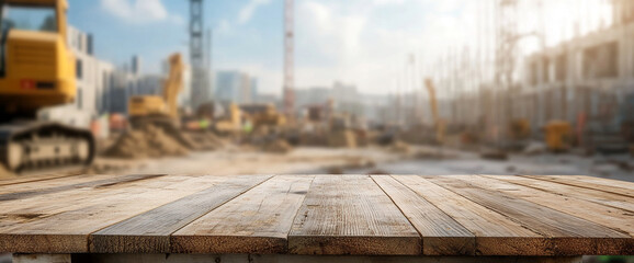 Wooden table top against blurred construction site background, showcasing product display or advertisement space, ideal for construction or industrial themes