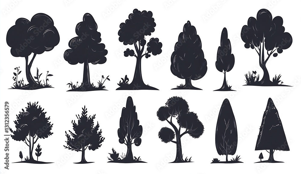 Poster diverse tree silhouettes depicted in a stylish black design presenting different types of trees for 