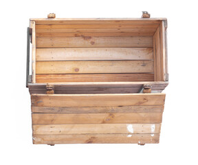 old big wooden box with lid isolated on white background