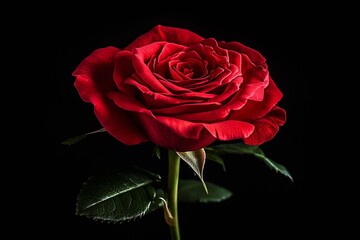 Fototapeta premium Stunning close up of a red rose with lush petals showcased against a deep black background for a breathtaking floral display : Generative AI