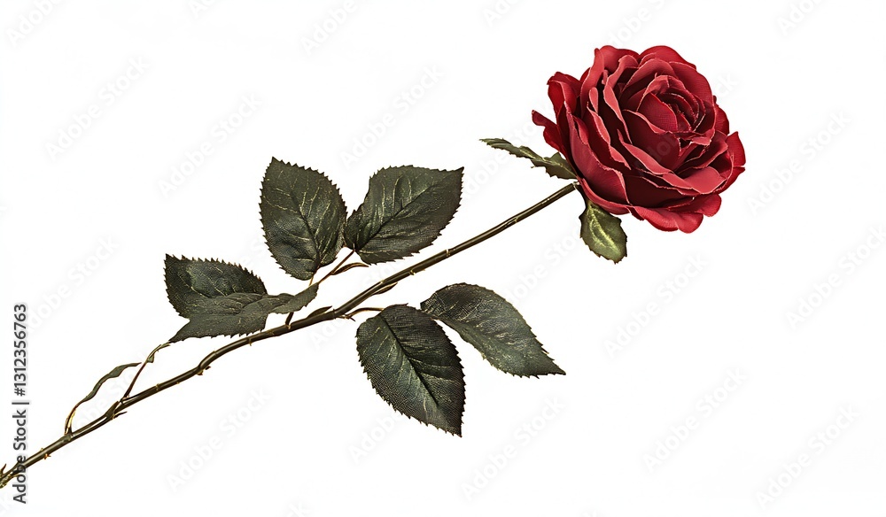 Poster beautifully crafted artificial red rose with realistic features and green leaves on a pure white bac