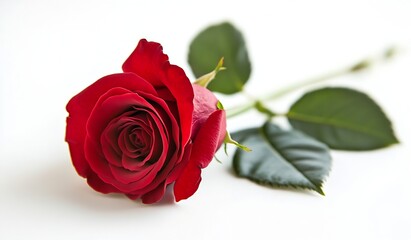 Fototapeta premium Captivating red rose delicately arranged on a soft white background emphasizing its natural beauty : Generative AI