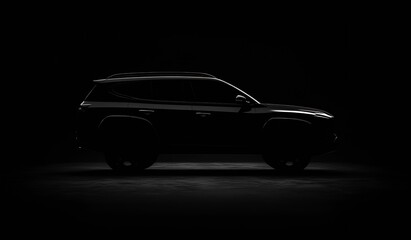 Elegant and powerful outline of an SUV captured in a dramatic lighting environment highlighting its stylish features : Generative AI