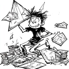 Happy Boy Playing with Papers and a Ruler A Fun Illustration of a Child s Imagination