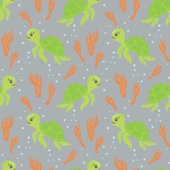 Naklejka premium Seamless turtle and coral pattern. Marine theme