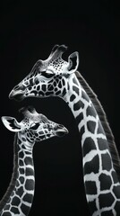 Naklejka premium Giraffes standing gracefully, showcasing their unique patterns and long necks against a dark backdrop in a natural habitat