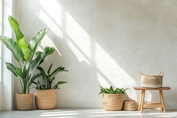 room featuring eco-friendly decor elements with potted plants and natural wooden furnishings creating serene and airy