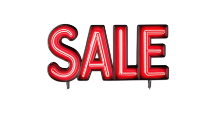 Red neon sign showing sale on transparent background