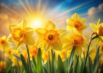 Obraz premium Spring Daffodils Close-Up, Sunny Bokeh Background, Yellow Flowers, Spring Landscape Photography