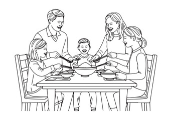 Family Dining Together Vector Illustration - Happy Family Sharing Meal at the Table