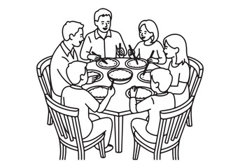 Family Dinner Around Table with Chopsticks Vector Illustration of Meal Time