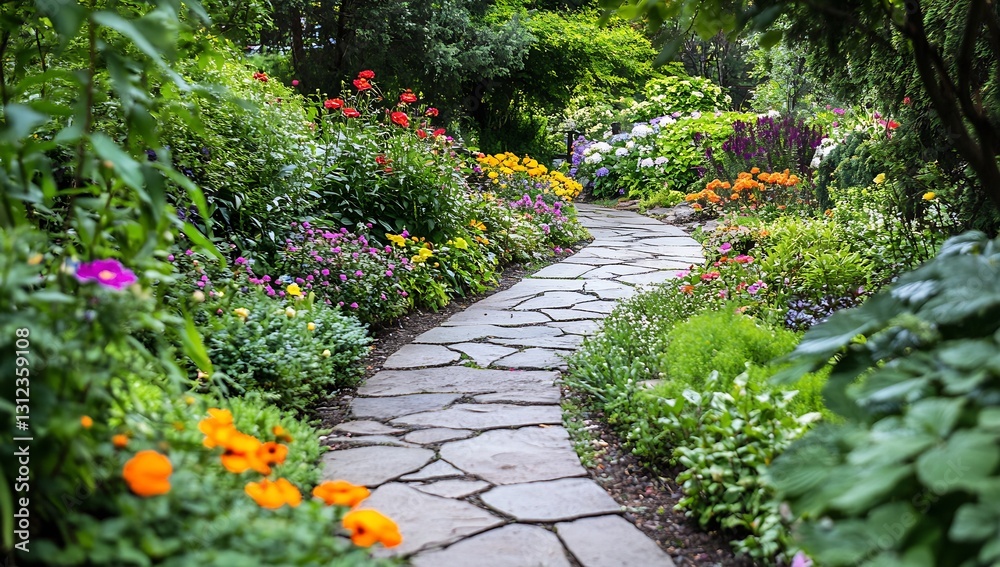 Poster enchanting garden pathway lined with colorful flowers and greenery providing a serene escape : gener
