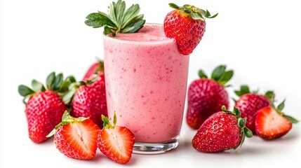 Creamy Strawberry Smoothie with Fresh Strawberries Isolate on White Background , 8k image