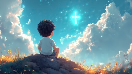 cartoon illustration of a little boy sitting on the cliff and praying at the cross in the sky