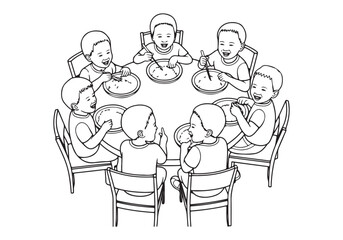 Children Enjoying a Meal Together - Family Dining Vector Art Illustration