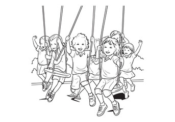 Happy Children Playing on Swings Vector Drawing - Fun Playground Activity Illustration