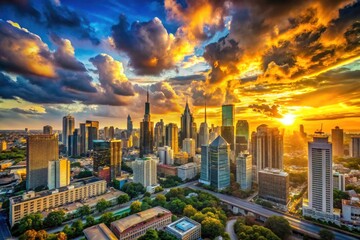 Obraz premium Stunning City Skyline at Sunset, Panoramic Cityscape, Urban Landscape Photography, Breathtaking City Views