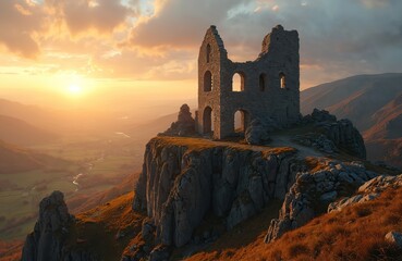 Fototapeta premium Ruined stone castle stands on hill overlooking valley during sunset. Crumbling walls and collapsed sections remain as historical landmark attraction on rocky mountain. Tourist destination.