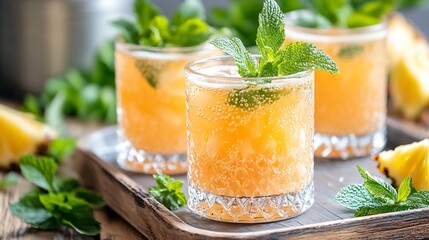 Fototapeta premium Refreshing Tropical Cocktail with Mint and Pineapple Garnish in Stylish Glasses on Wooden Tray