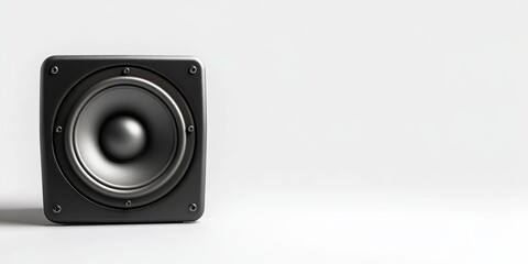 Close up view of a single black square speaker against a white background. The speaker has a circular gray speaker cone. Minimalist audio equipment