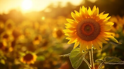 Obraz premium Sunflower field at golden hour, warm sunlight casting a soft glow on the petals generative ai