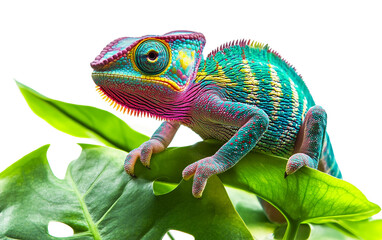 Obraz premium A Mesmerizing Chameleon Shifting Hues as It Clings to a Tree Branch Isolated on transparent background PNG