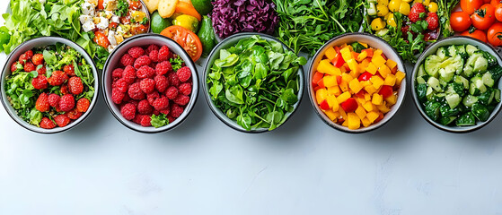 Colorful salad bowls, healthy food
