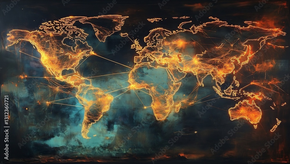 Poster Artistic Representation of World Map with Blue and Orange Highlighted Connections Signifying Global Networks : Generative AI