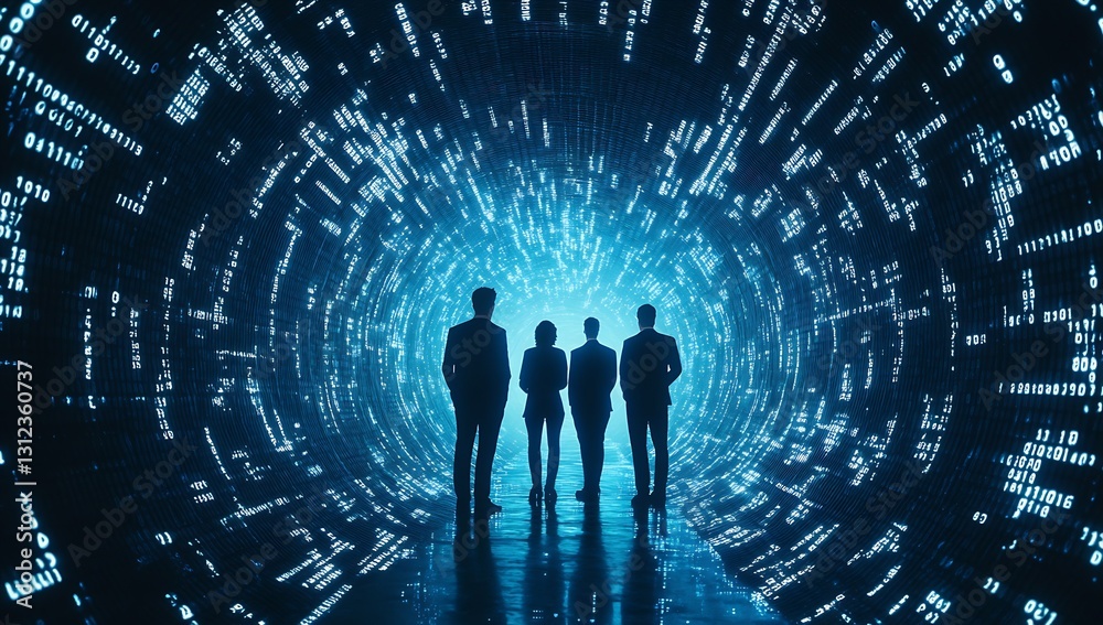 Poster dramatic view of silhouettes in a vibrant blue digital tunnel highlighting teamwork and technology :