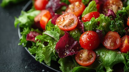 close up of a colorful tossed salad with various greens