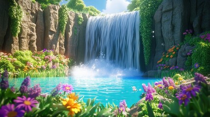 Naklejka premium A beautiful cascading waterfall surrounded by colorful lush vegetation and flowers