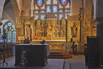 sculptures and altar of the Saint-Jacques Church, a Catholic church located in Perros-Guirec, France