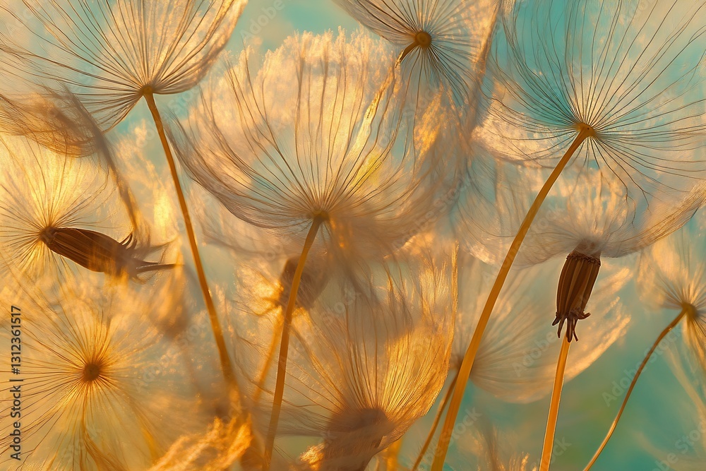 Aufkleber beautiful close up of dandelion seed heads illuminated by warm sunlight in a dreamy atmosphere : gen