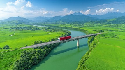 Fototapeta premium Scenic Truck Crossing a River Bridge in a Lush Green Valley